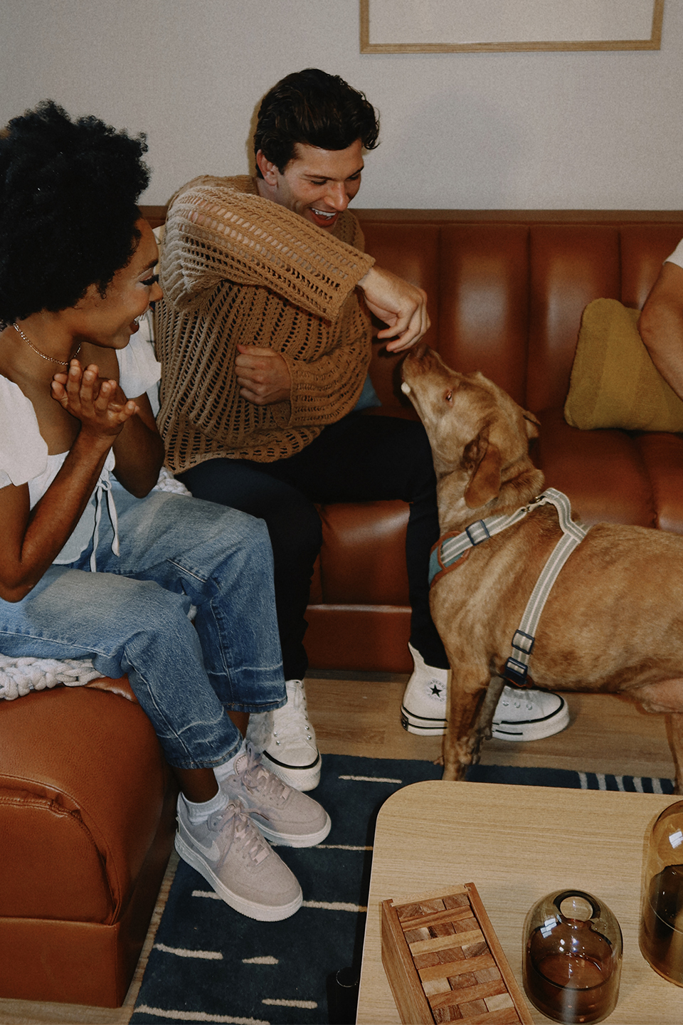 Two people playing with a dog